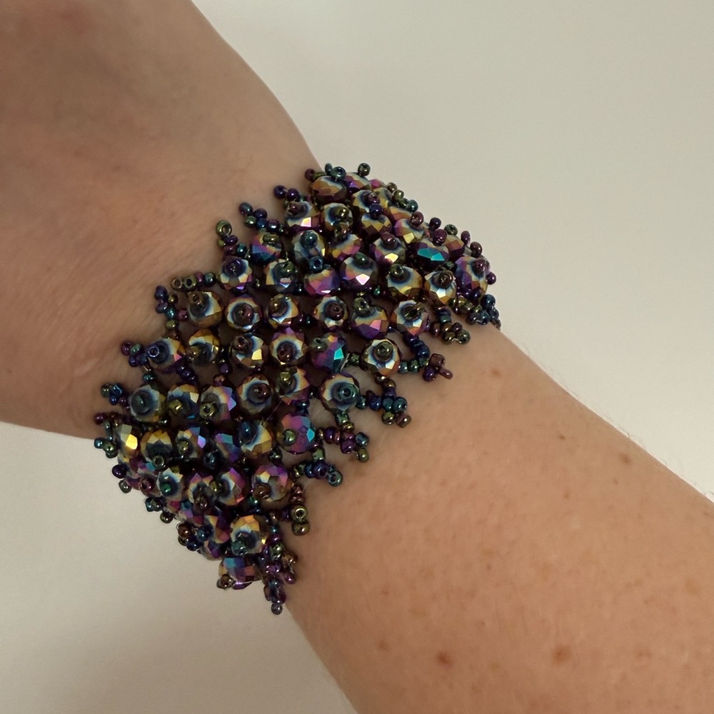 Purple Iridescent Beaded Bracelet - Button Fastened